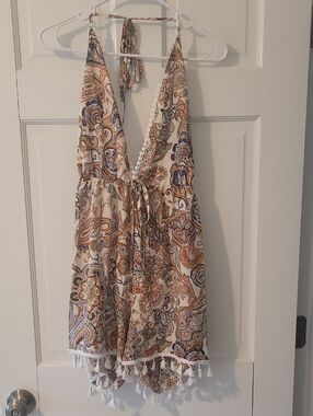 SHEIN Cream Paisley Halter Romper with Rust and Blue Accents